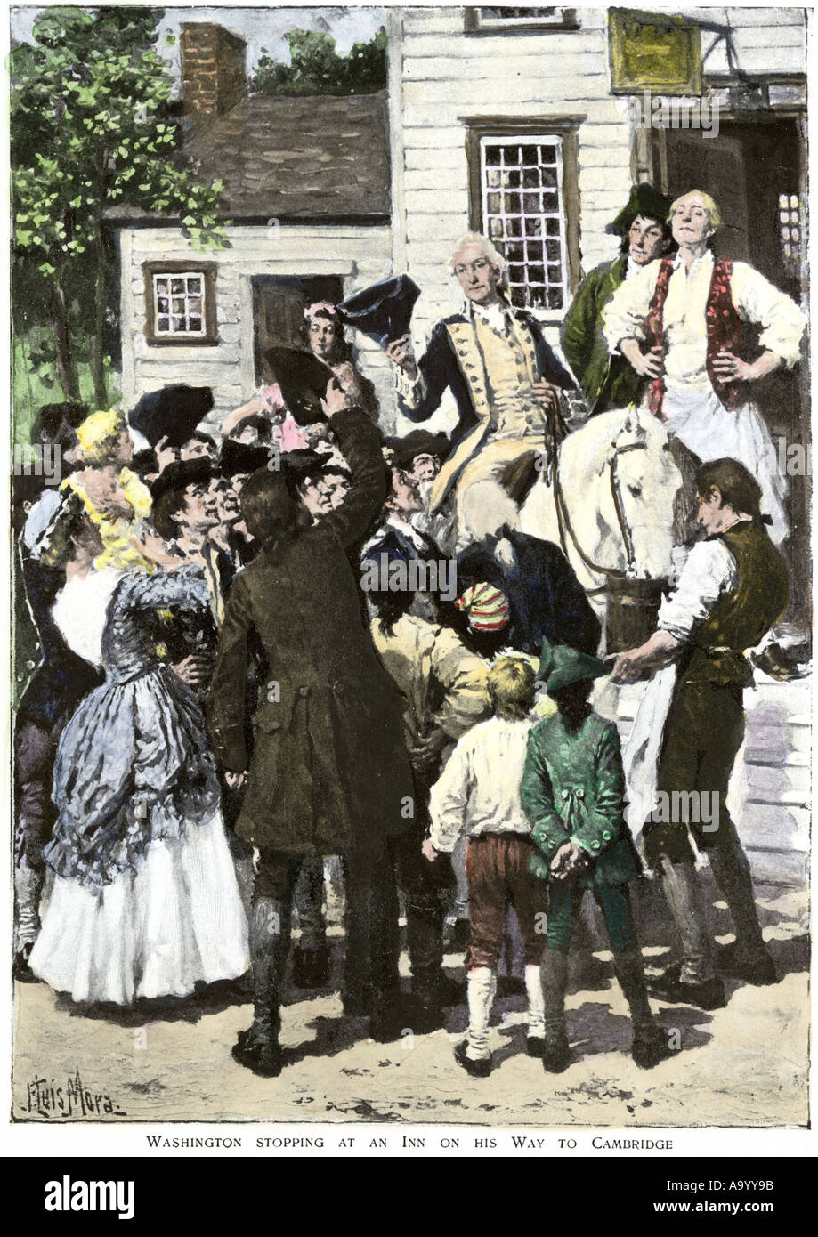 George Washington en su camino a Cambridge MA a convertirse en comandante del Ejército Continental de 1775. Mano de color halftone de ilustración. Foto de stock