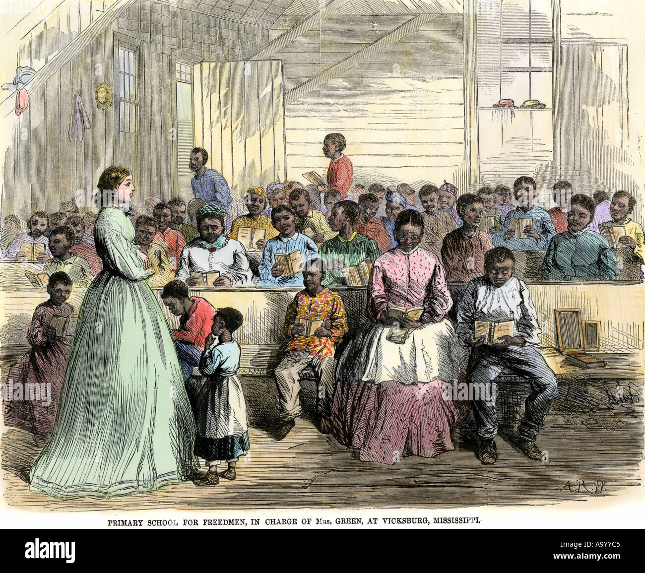 Escuela Primaria de libertos a cargo de la Sra. Green en Vicksburg Mississippi en 1866. Xilografía coloreada a mano Foto de stock