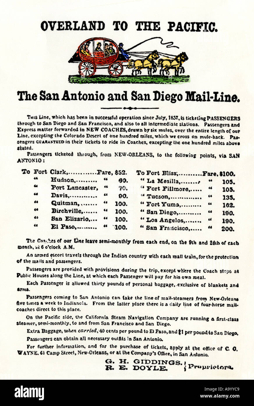 Anuncio para el San Antonio San Diego overland stagecoach línea 1838. Xilografía coloreada a mano Foto de stock