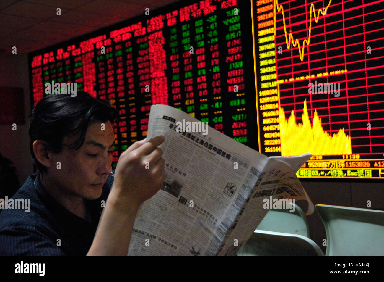 Un hombre lee un periódico en la parte delantera de la placa de índice de una bolsa de valores en Beijing, China. 16 de mayo de 2007 Foto de stock