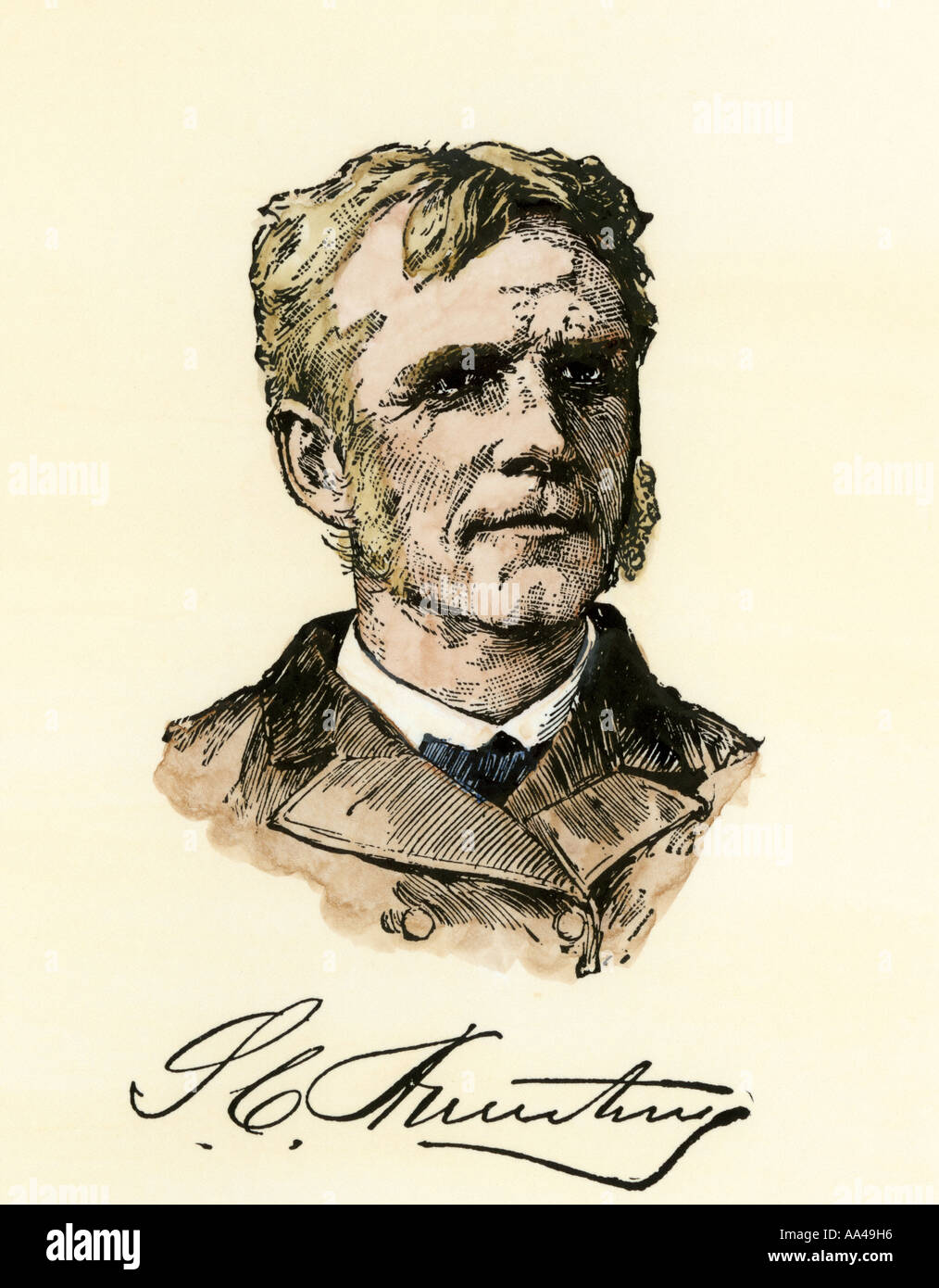 Samuel Chapman Armstrong fundador de Hampton en Virginia el Instituto para la educación de los americanos africanos de 1870. Xilografía coloreada a mano Foto de stock