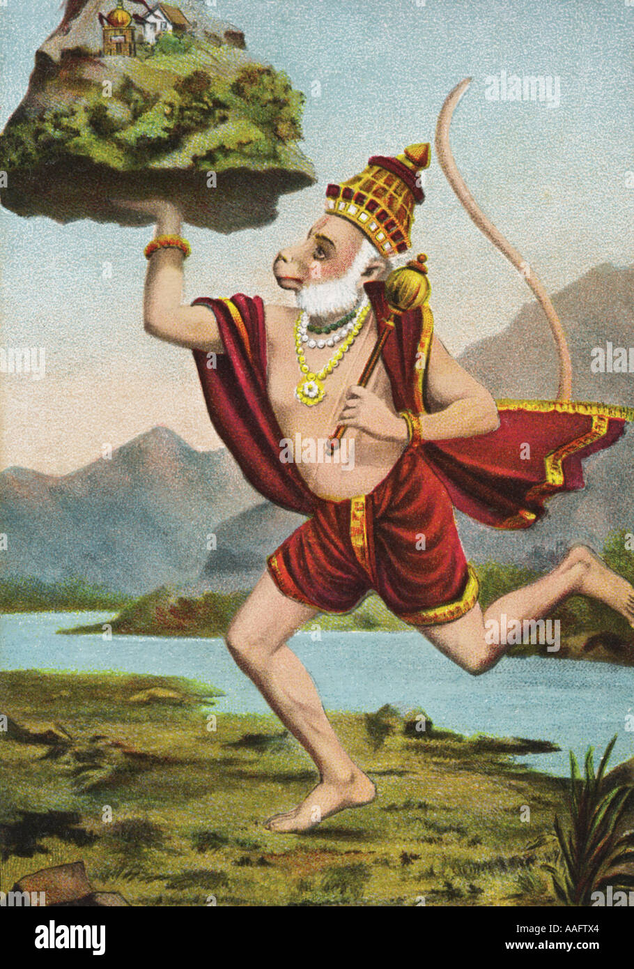Lord Hanuman llevando Sanjeevani Parvat Hill pintura de montaña India Asia Foto de stock