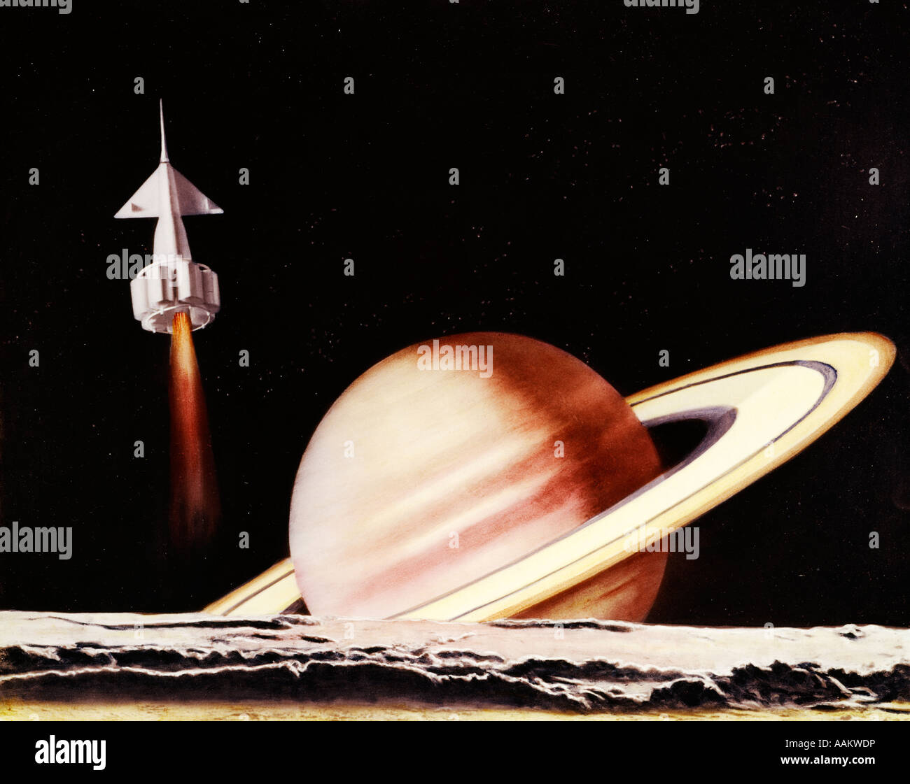 1960 Fantasy nave despegue desde la luna del planeta Saturno SCI-FI CIENCIA FICCIÓN los viajes espaciales Foto de stock