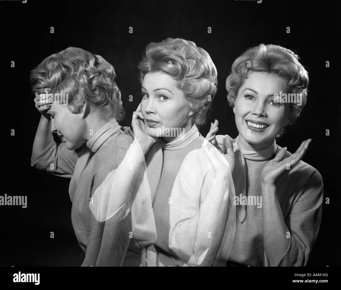 1950 1960 Exposición múltiple mujer tres emociones CAMBIAN DE FELIZ A TRISTE Foto de stock