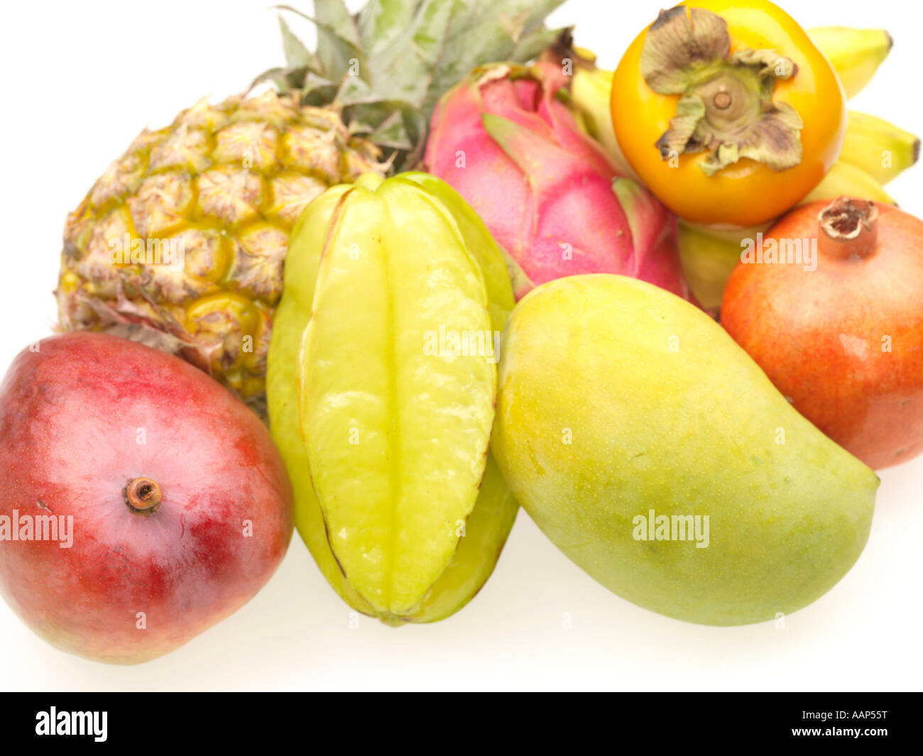 Colección de fresca surtida coloridas frutas tropicales maduras sanas con ningún pueblo Foto de stock