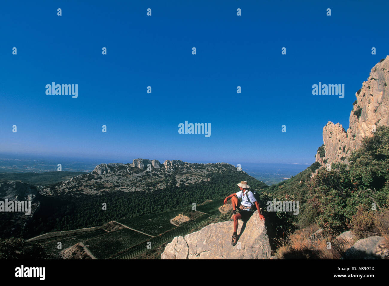 Wanderer mira las rocas llamado Dentelles de Montmirail, Francia, Provence Foto de stock