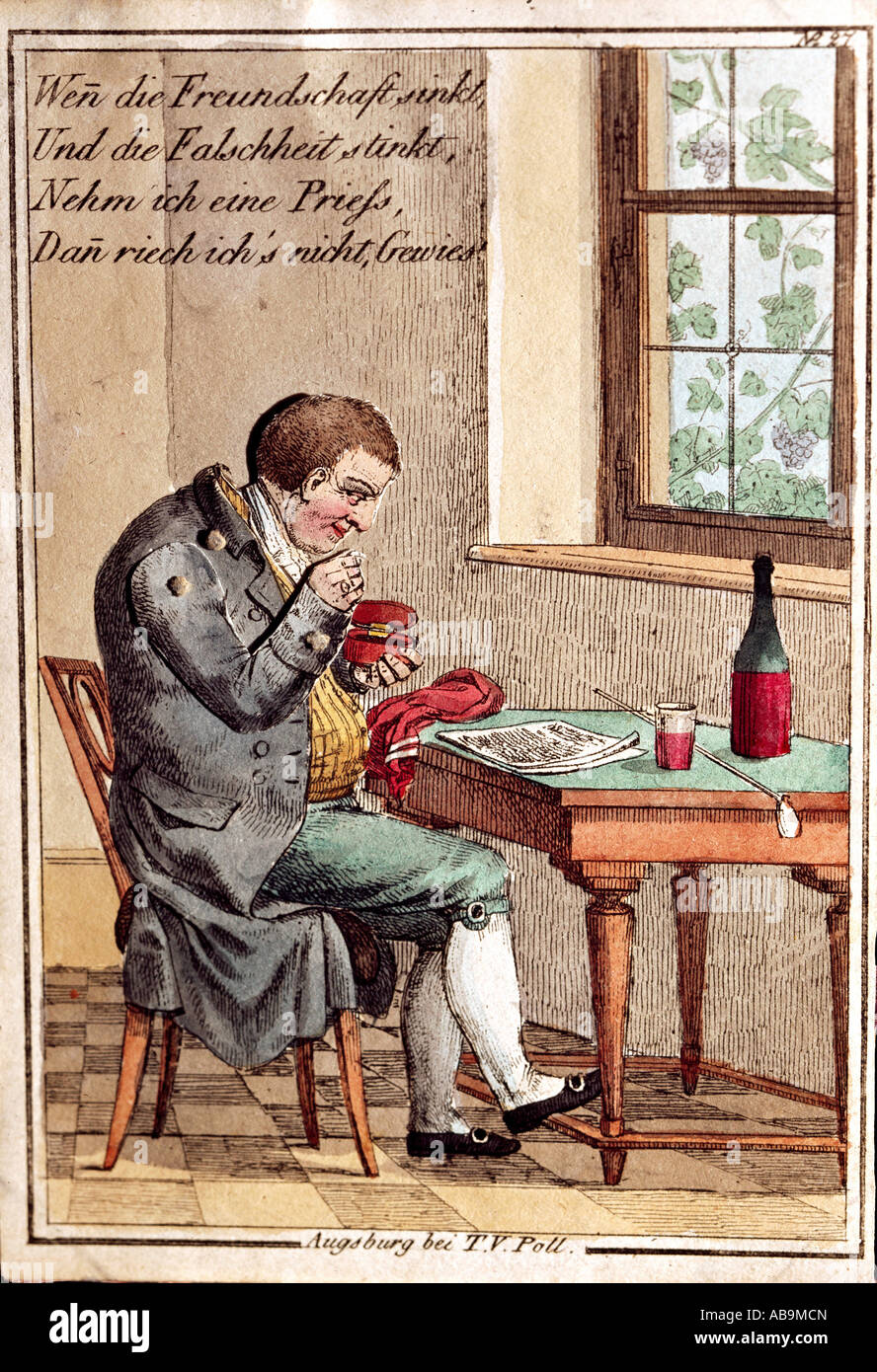 Kitsch, tarjetas de felicitación, tarjeta de frienship, tabaco de rape, grabado coloreado, publicado por T. V. Poll, Augsburg, circa 1800, Foto de stock