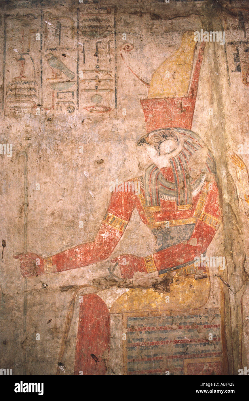 La pintura del templo de ra-horakhty en el templo de Beit al-Wali. Foto de stock