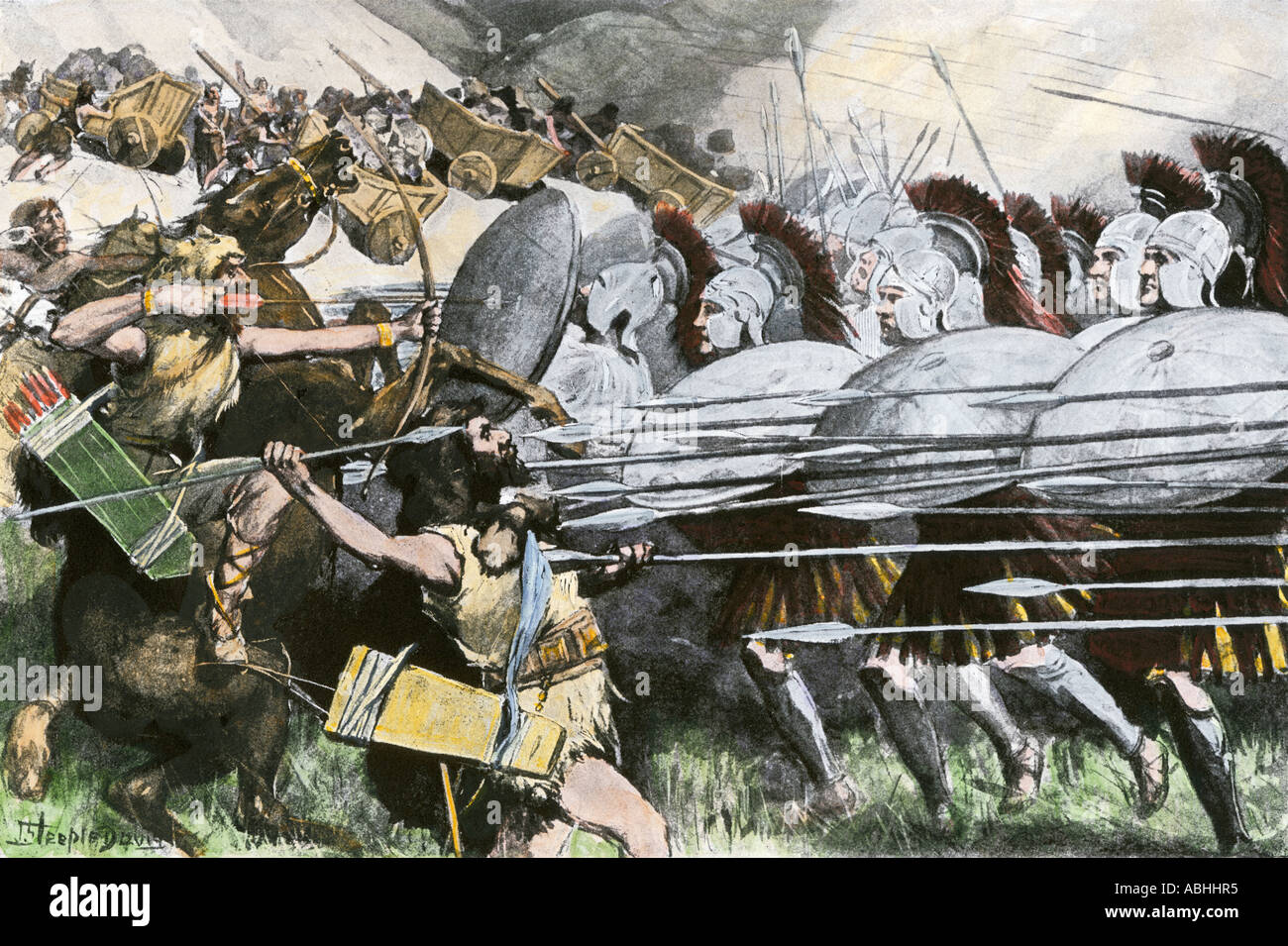 Ejército macedonio utilizando sus escudos en una formación de falange en la batalla de las carretas para sofocar la rebelión de Tracia. Ilustración de medias tintas coloreadas a mano Foto de stock