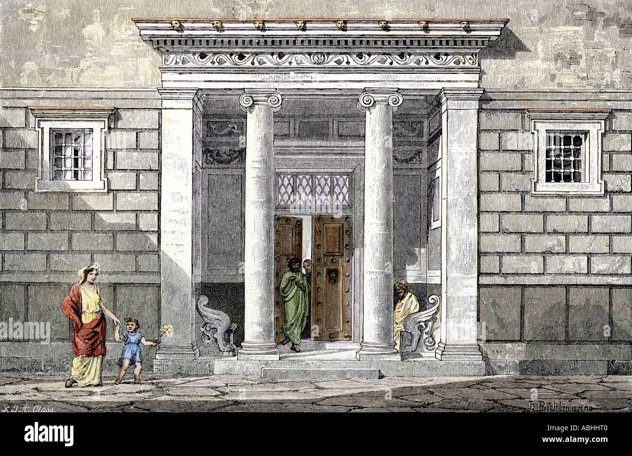 Entrada a una casa y hacer de la antigua Grecia. Xilografía coloreada a mano Foto de stock