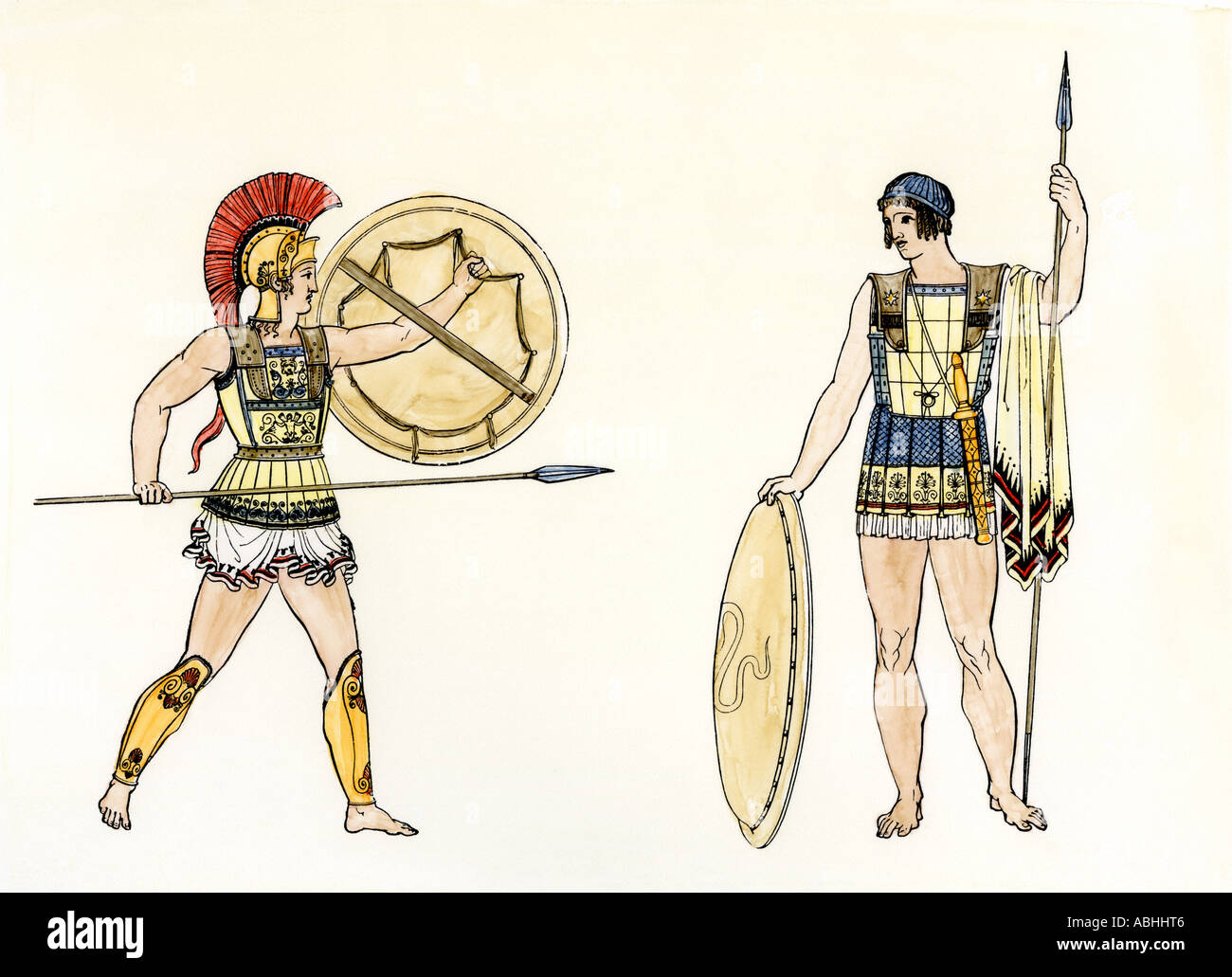 Los antiguos soldados griegos. Xilografía coloreada a mano Foto de stock