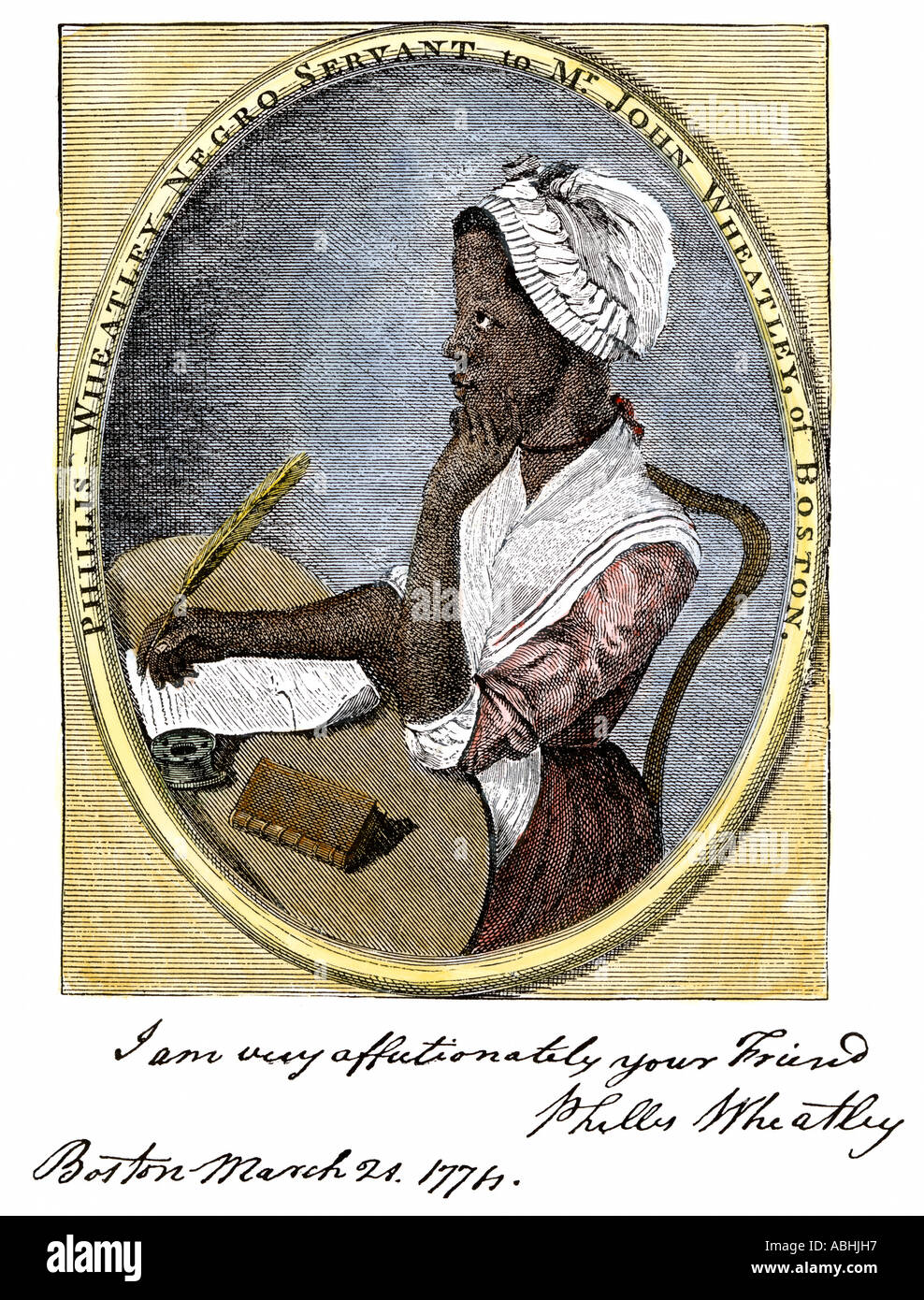 Poeta afro-Phyllis Wheatley con su autógrafo de 1774. Xilografía coloreada a mano Foto de stock