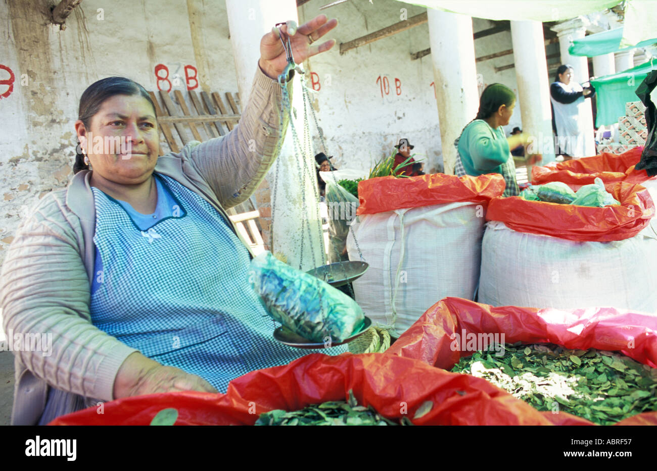 Vendedor Vender hojas de coca en el mercado de Tarabuco el ingrediente