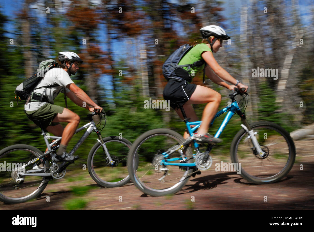 Los ciclistas de montaña borrosa acelerando a lo largo de un sendero de la selva en sunshine Foto de stock