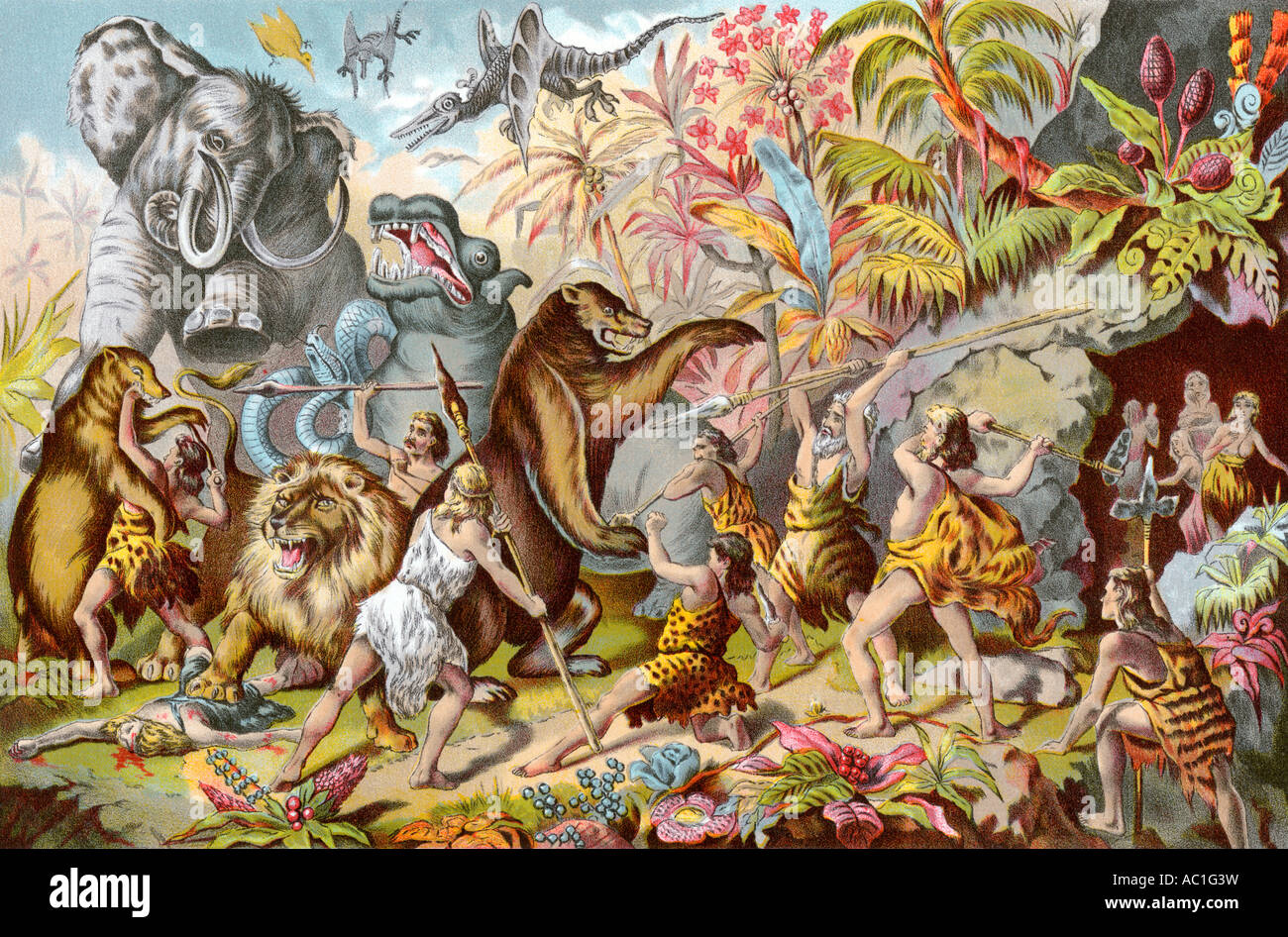 Cuevas compitiendo con monstruos prehistóricos según un siglo xix illustrator. Semitono de color de ilustración. Foto de stock
