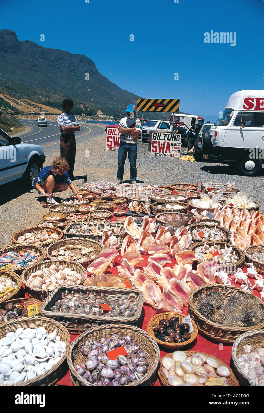 Los vendedores ambulantes vendiendo conchas de mar biltong y otros recuerdos en la Península del Cabo Cape Town South Africa Foto de stock