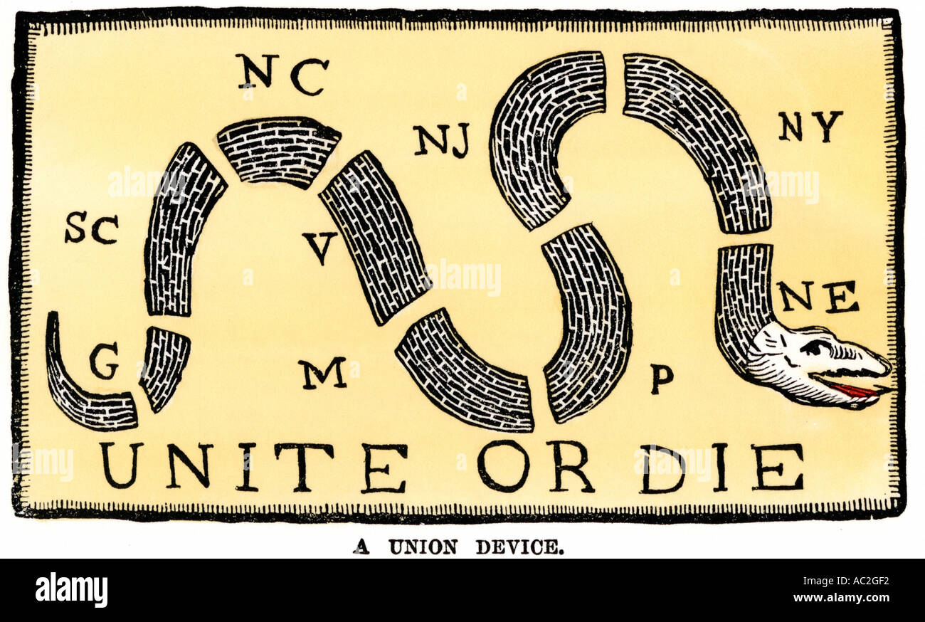 Unirse o morir snake un alegato a favor de la colonias americanas la oposición a las políticas británicas 1750s. Xilografía coloreada a mano Foto de stock