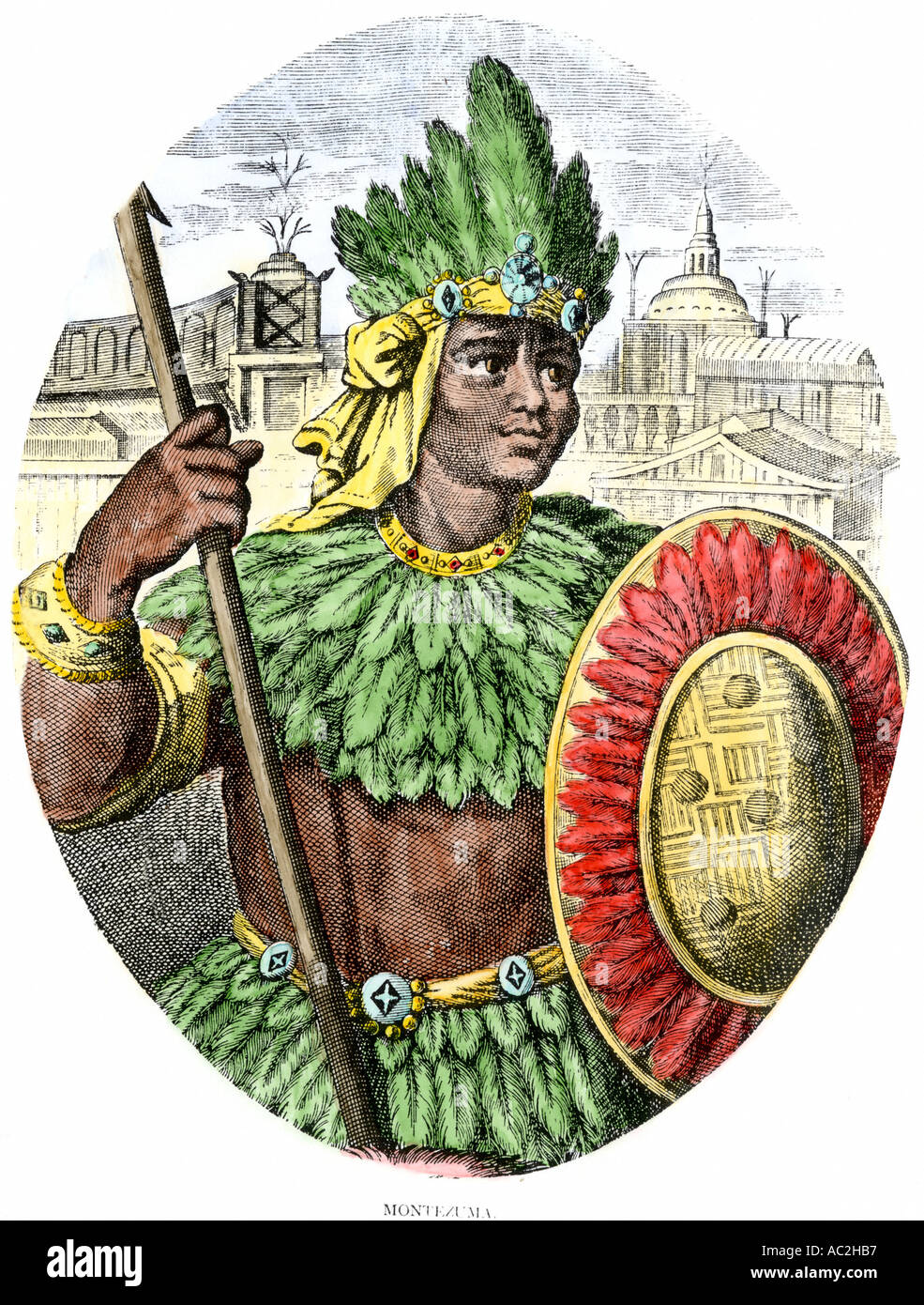 El emperador Azteca Moctezuma II. Xilografía coloreada a mano Foto de stock