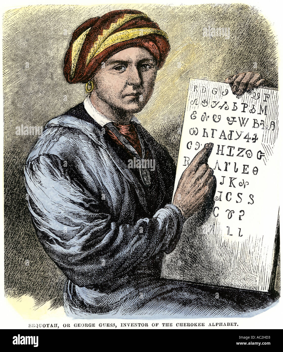 Sequoya sosteniendo su alfabeto Cherokee. Xilografía coloreada a mano Foto de stock