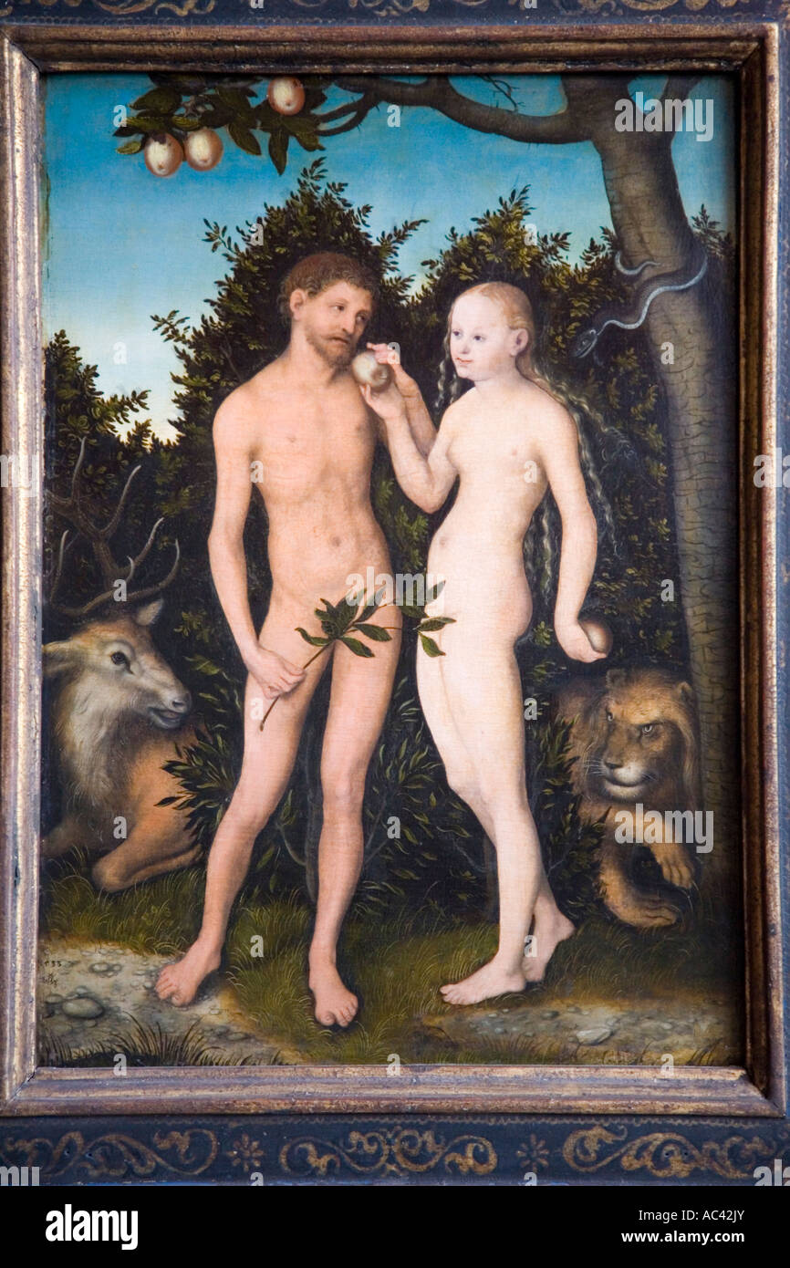Adán y Eva 1533 pintura sobre madera de haya por Lucas Cranach el viejo 1472 1553, Museo Bode, Berlín, Alemania Foto de stock