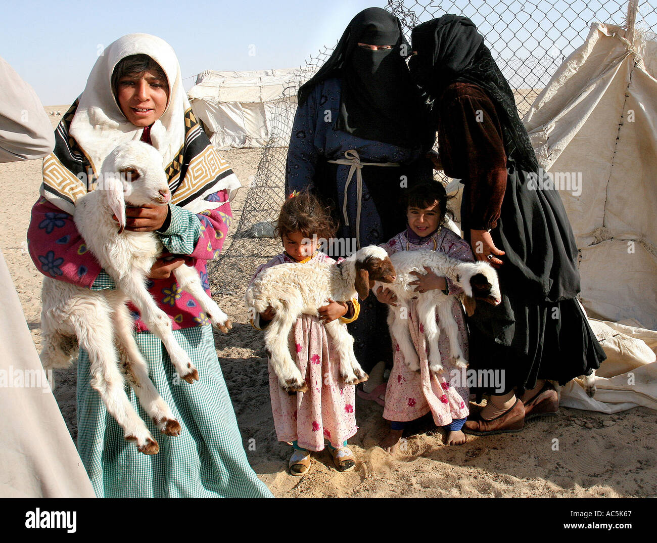 Iraq tri zona fronteriza 2005 mujeres Bedounin chismes mientras sus hijos a regañadientes mostrar sus corderos durante una visita a la ar Foto de stock