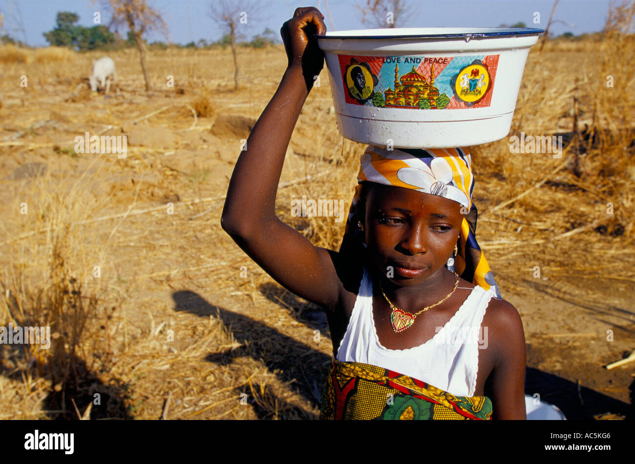 Una joven africana con la vestimenta tradicional que transportaban el agua en una cuenca sobre su cabeza seca EN UN CAMPO ABIERTO EN NIGERIA Foto de stock