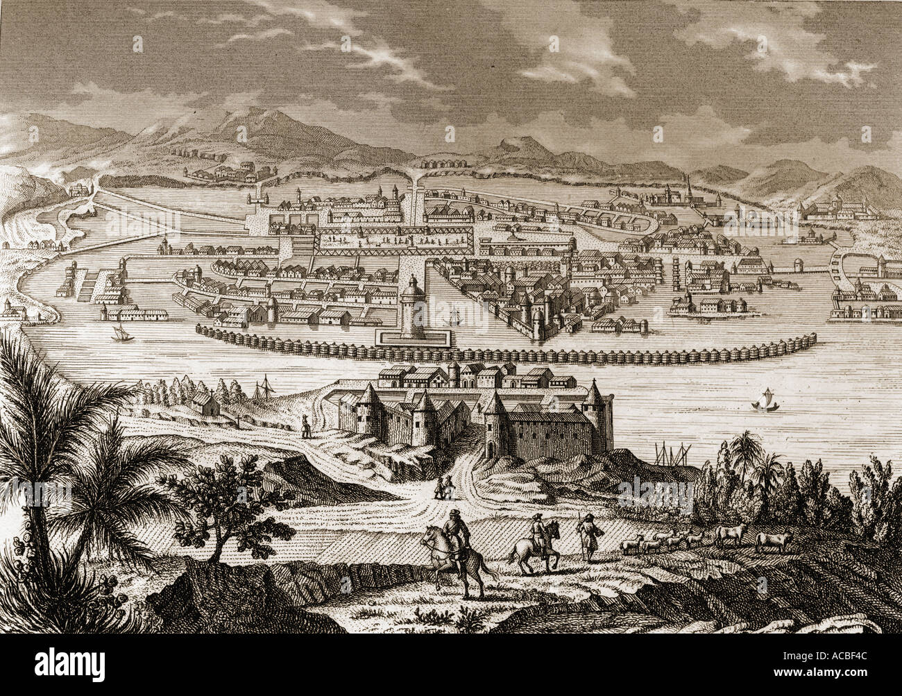 La ciudad de Tenochtitlán, ahora ciudad de México, en la época de la conquista española en 1519. Foto de stock