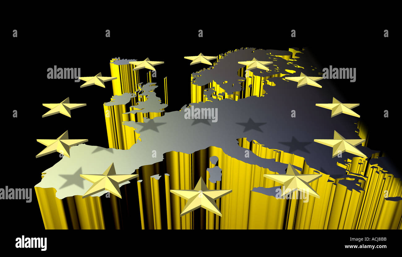 Corona de doce estrellas sobre el mapa de Europa estilizado Foto de stock