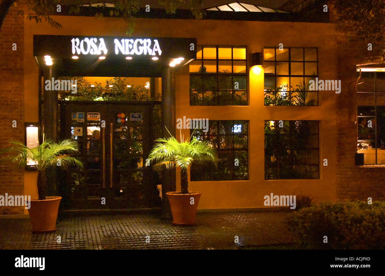 La entrada al restaurante con dos palmeras y signo de neón. La Rosa Negra  restaurante, el Black Rose, Buenos Aires, Argentina, Sudamérica Fotografía  de stock - Alamy