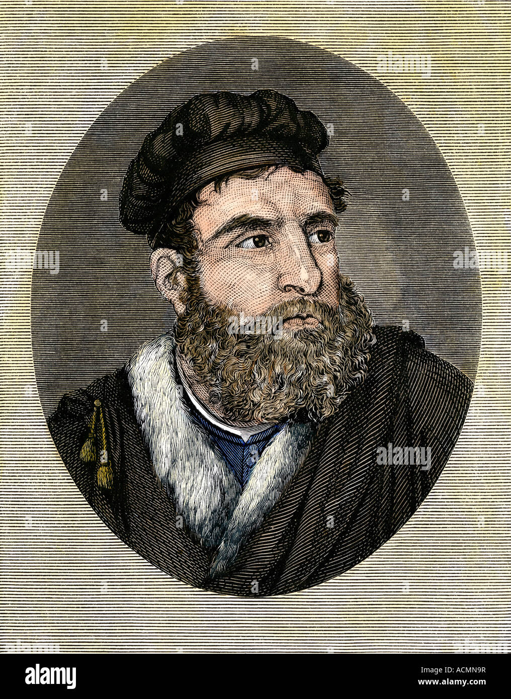 Retrato de Marco Polo. Xilografía coloreada a mano Foto de stock