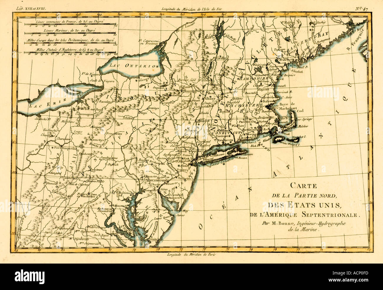 Mapa del norte de los Estados Unidos de Norteamérica, circa 1760 Foto de stock