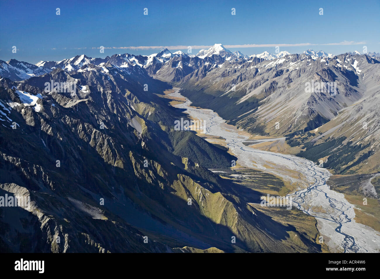 Dobson Río y desde Aoraki Mt Cook, Isla del Sur, Nueva Zelanda antena Foto de stock