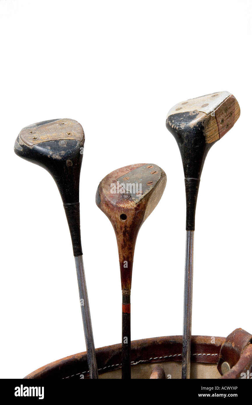 Los palos de golf y caddy de madera Foto de stock