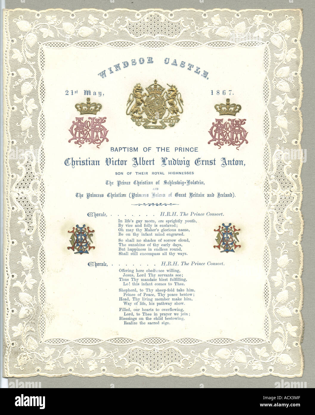 El Castillo de Windsor, programa para el bautismo del príncipe Víctor Cristiano 1867 Foto de stock