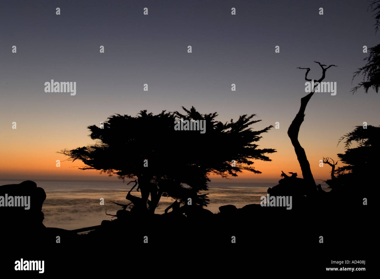 Después de la puesta de sol en el norte de la costa de California a 17 millas cerca de Pebble Beach Foto de stock