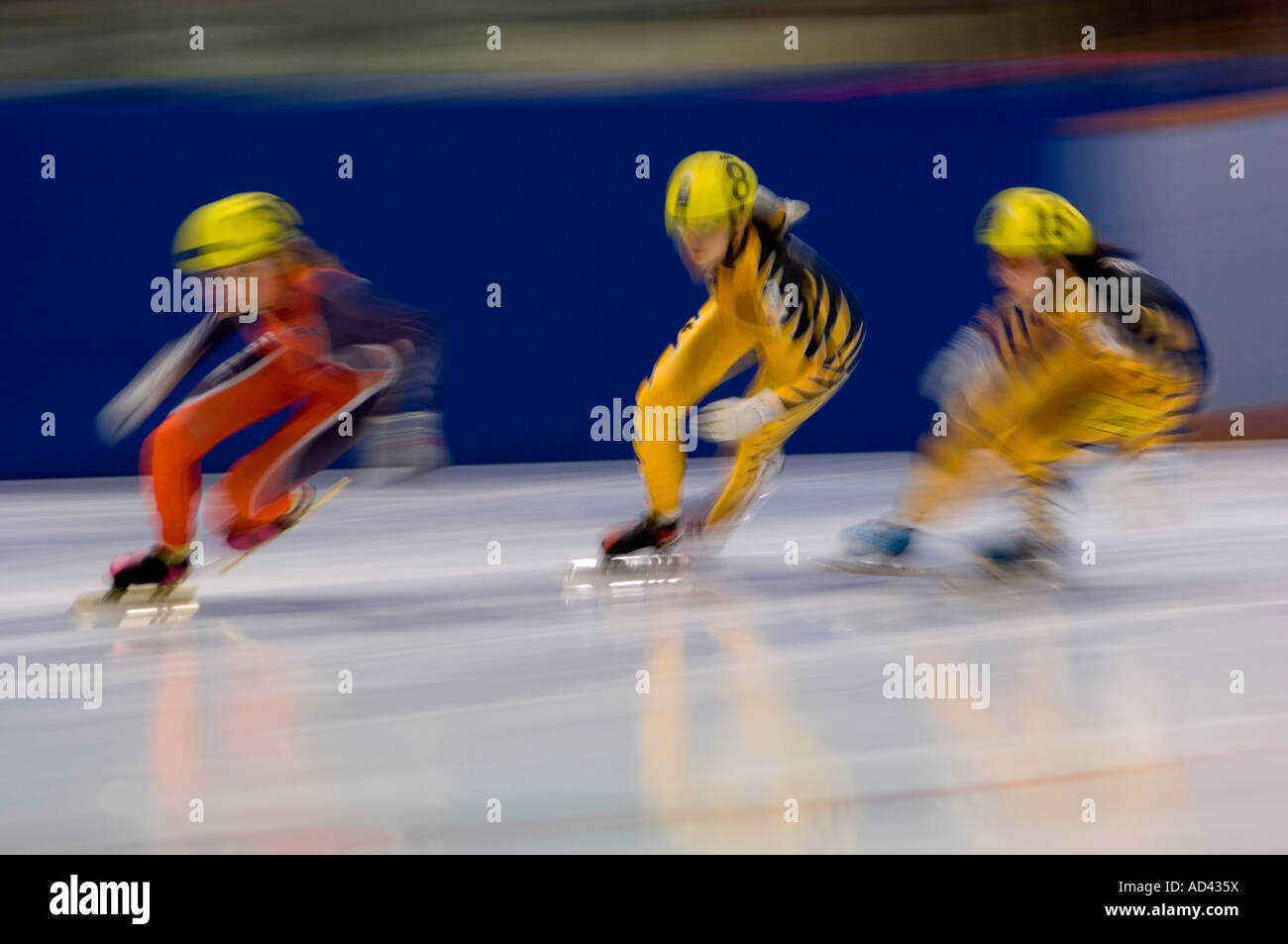 Patinaje de velocidad en pista corta canadiense competencia 500 m sprint mayor Sudbury Ontario Foto de stock
