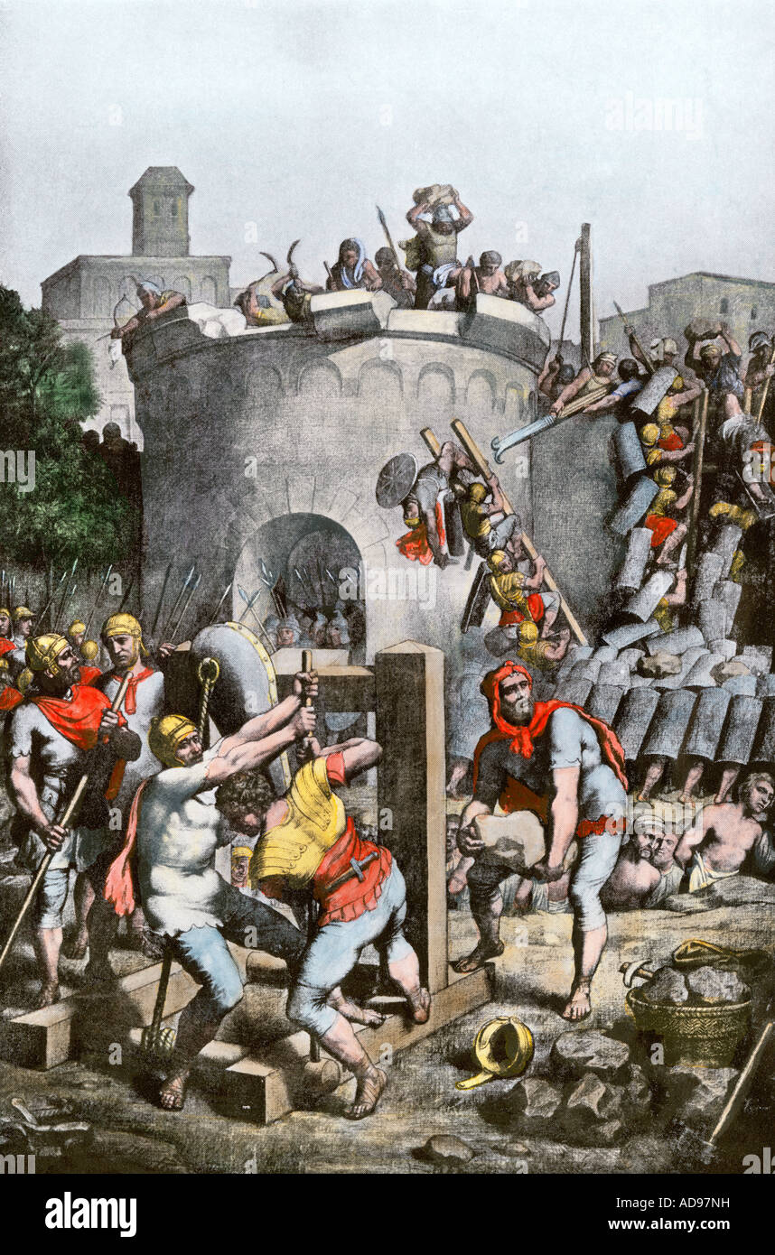 Cartago destruida por el ejército romano Tercera Guerra Púnica 146 BC. Mano de color halftone de ilustración. Foto de stock