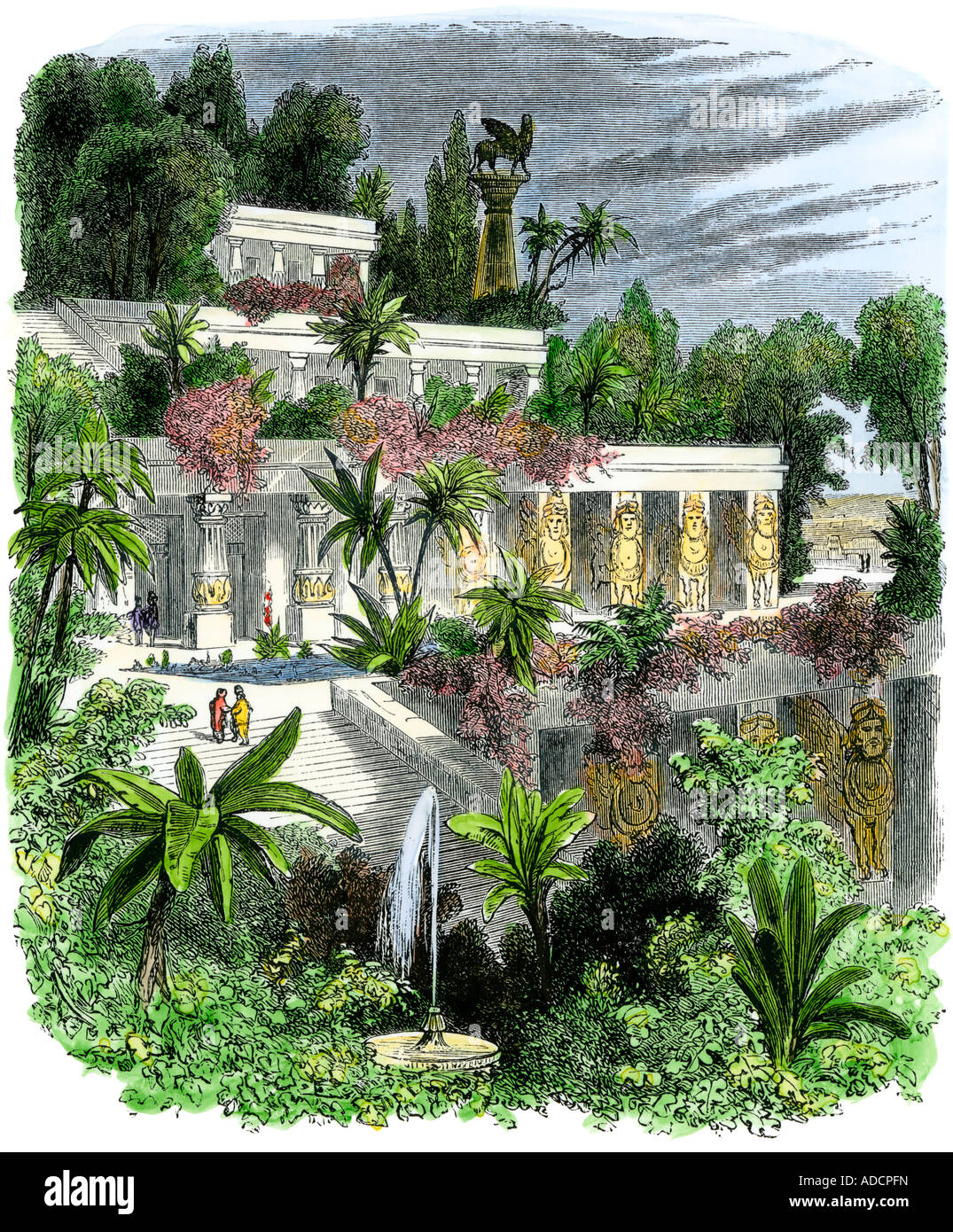 Jardines Colgantes de la antigua Babilonia. Xilografía coloreada a mano Foto de stock