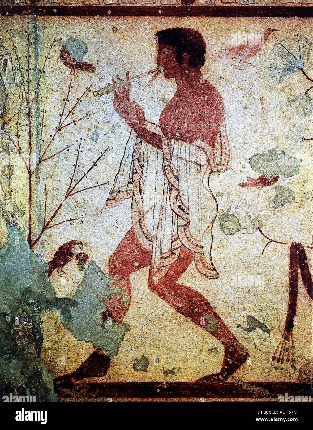 "Bellas Artes, Etruscas, fresco, "El flautista", 480 - 450 A.C., Tomba del Triclinio, Museo Nacional de Tarquinia, música histórica, Foto de stock