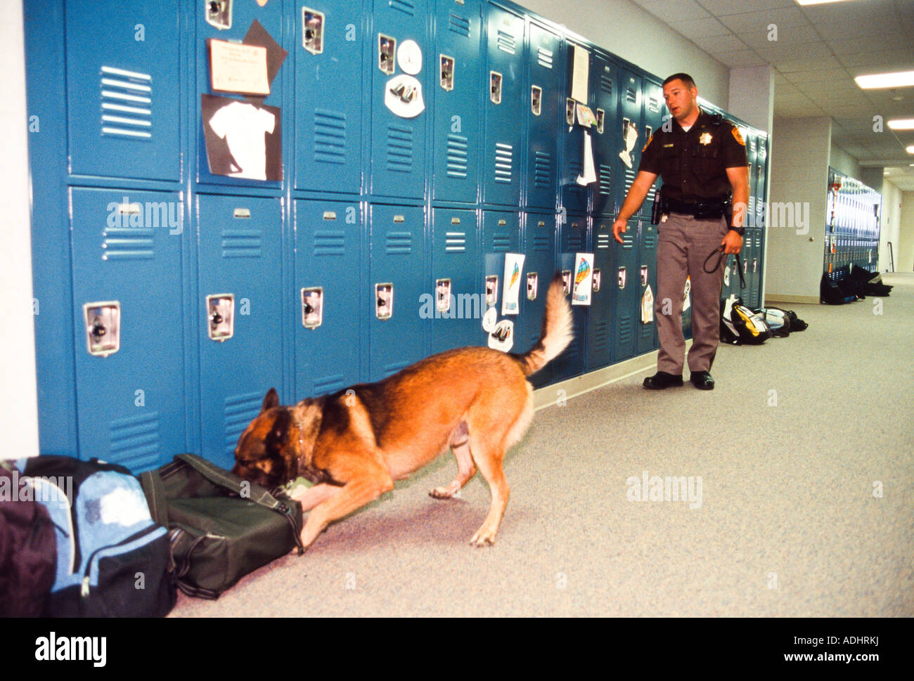 El sargento con K-9 revisando bolsos y armarios en nosotros high school. Nebraska, Estados Unidos. La Oficina del Sheriff del Condado de salina. Foto de stock