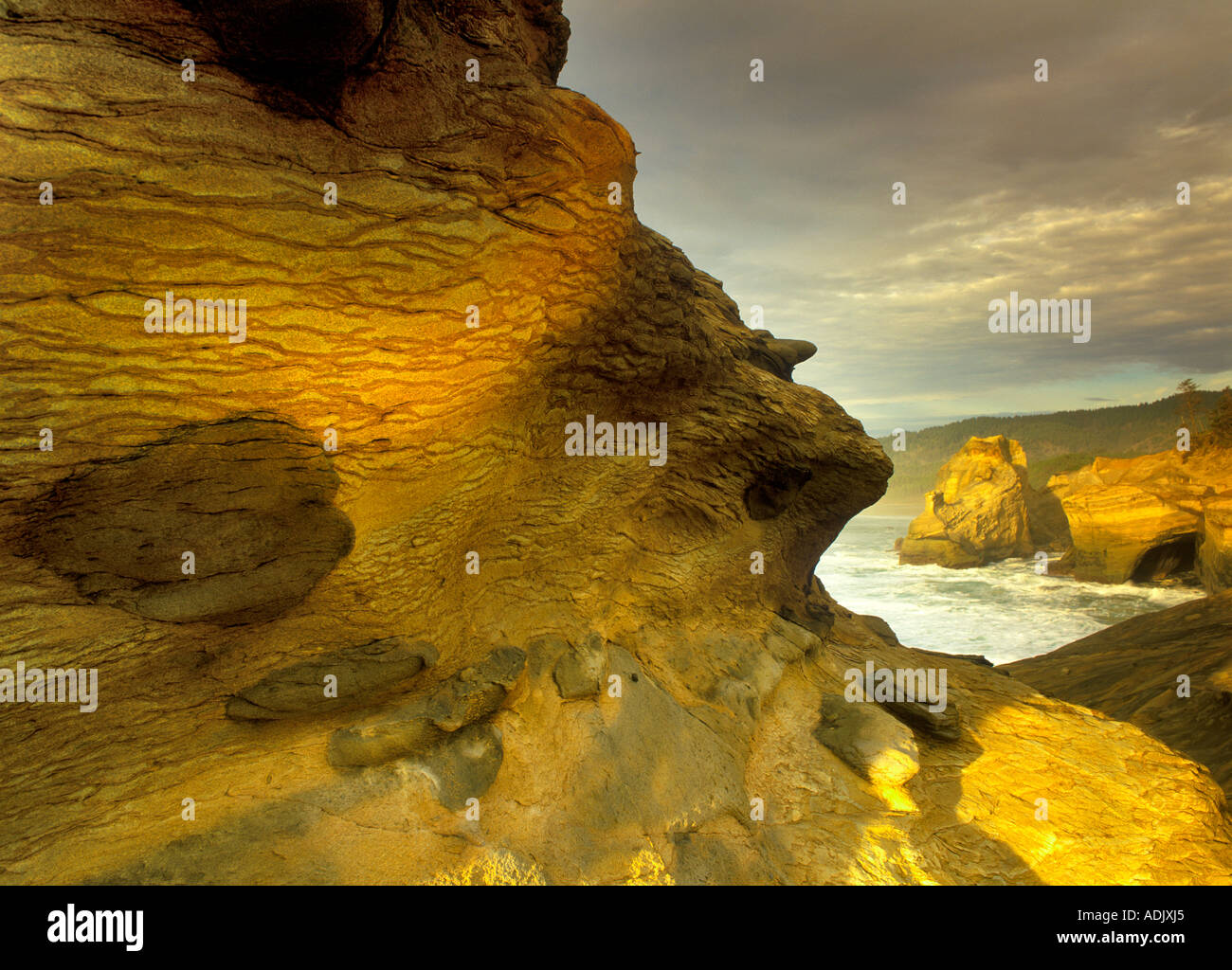 Las formaciones rocosas y el océano en el cabo Kiwanda Oregon Foto de stock