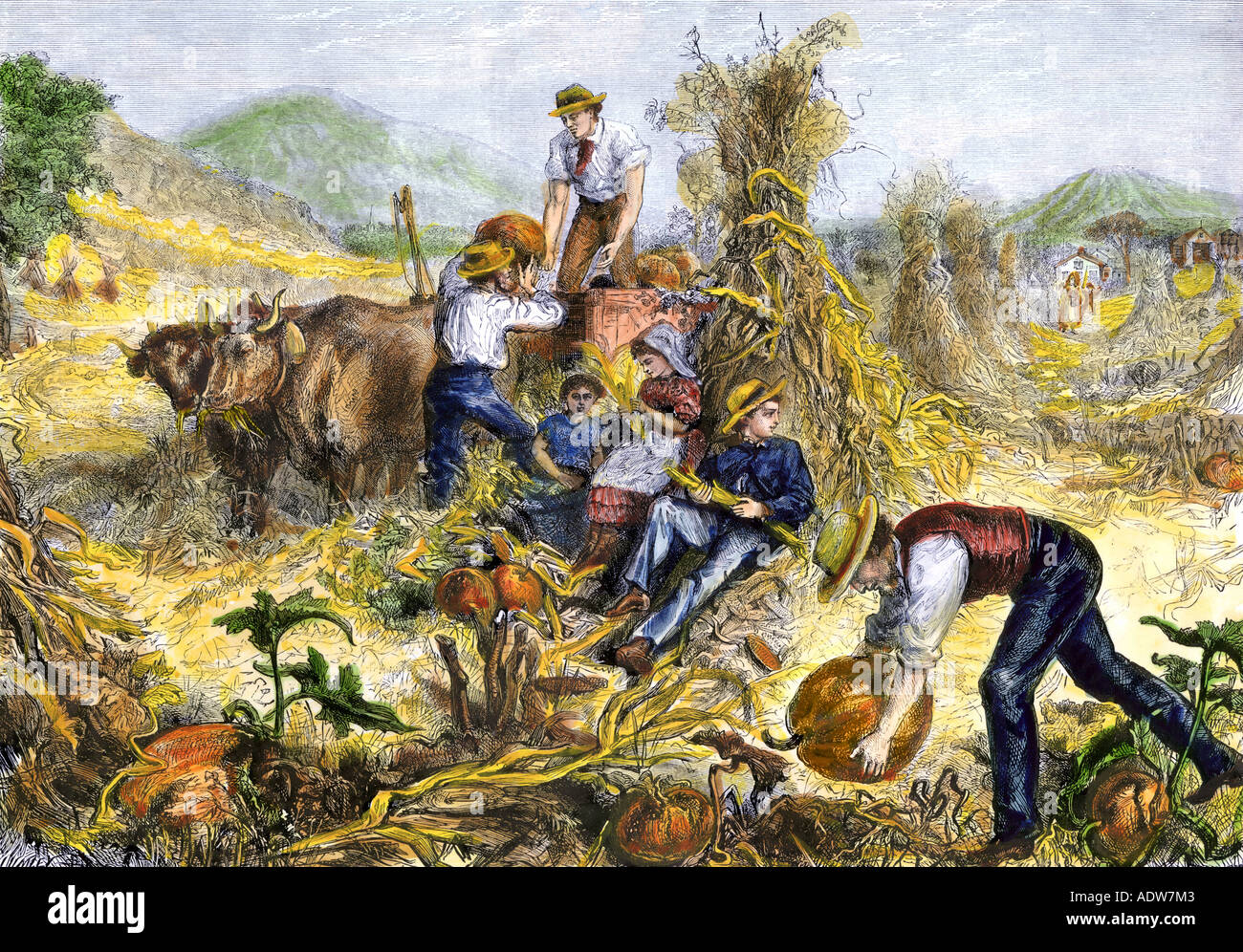 American Farm reunión familiar de calabazas y descascarillar el maíz 1800. Xilografía coloreada a mano Foto de stock