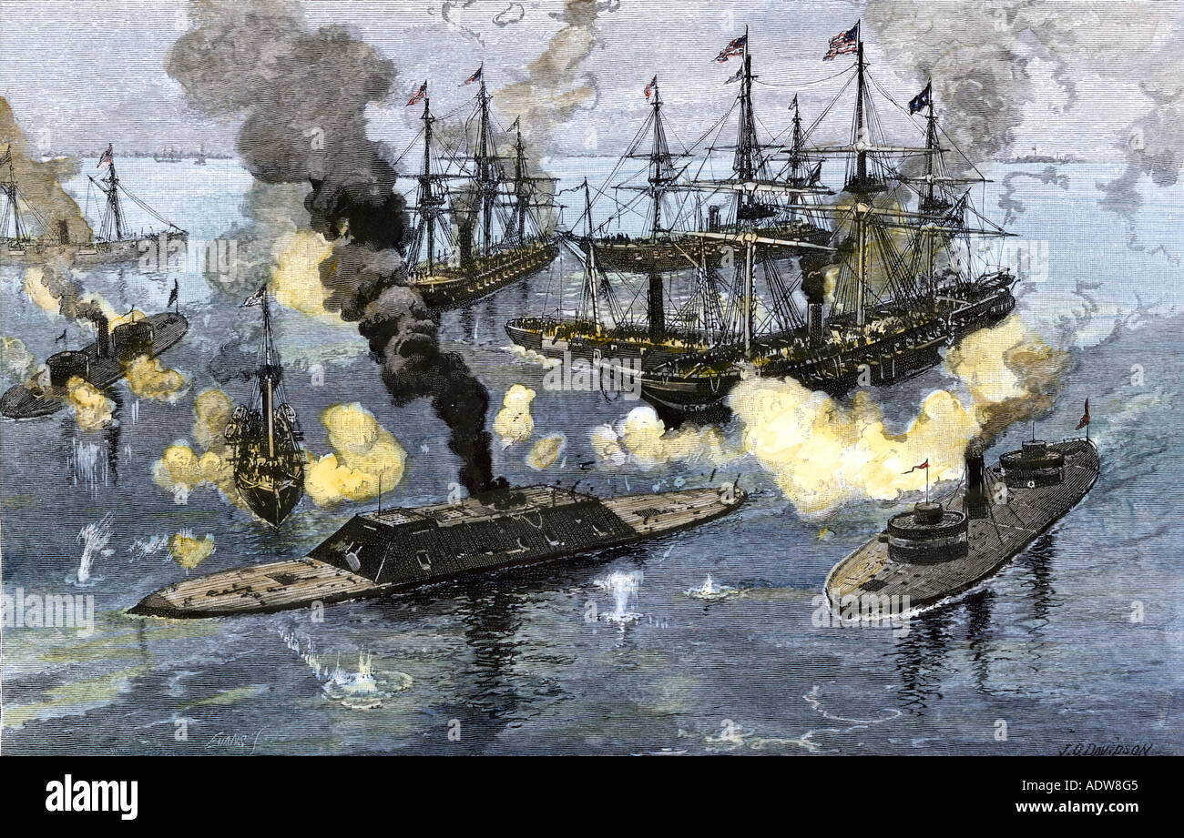 La entrega de la nave acorazada Confederado Tennessee durante la batalla de Mobile Bay 1864 Guerra Civil Americana. Xilografía coloreada a mano Foto de stock