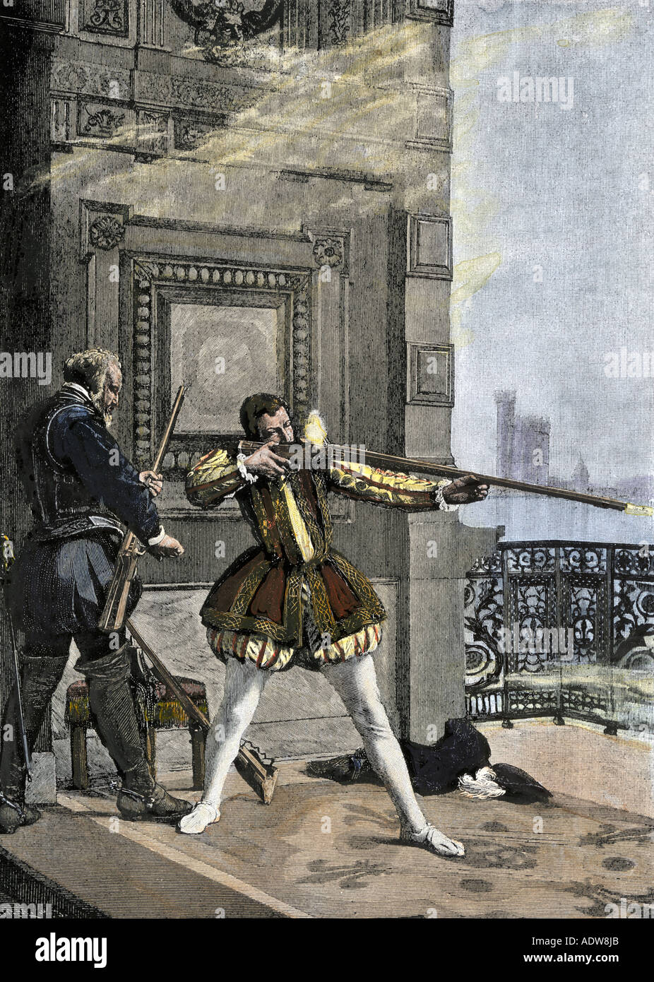 El rey Carlos IX participando en el santo día Bartholomews masacre de protestantes franceses 1572. Xilografía coloreada a mano Foto de stock