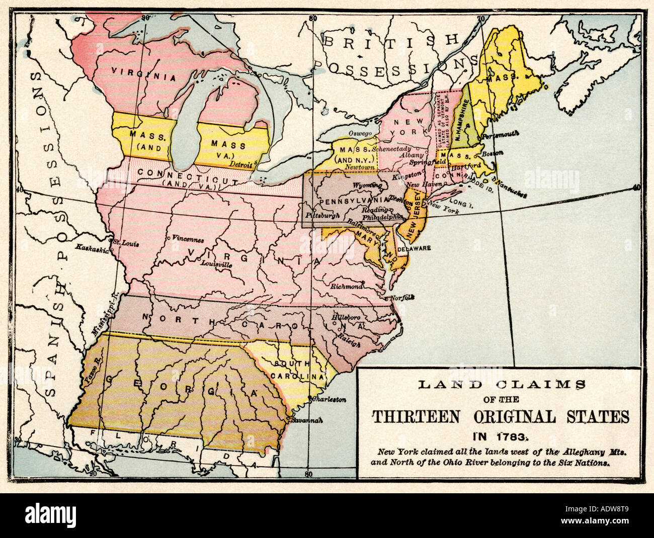 Mapa mostrando las reivindicaciones de tierras de los trece estados originales de 1783. Litografía de color Foto de stock