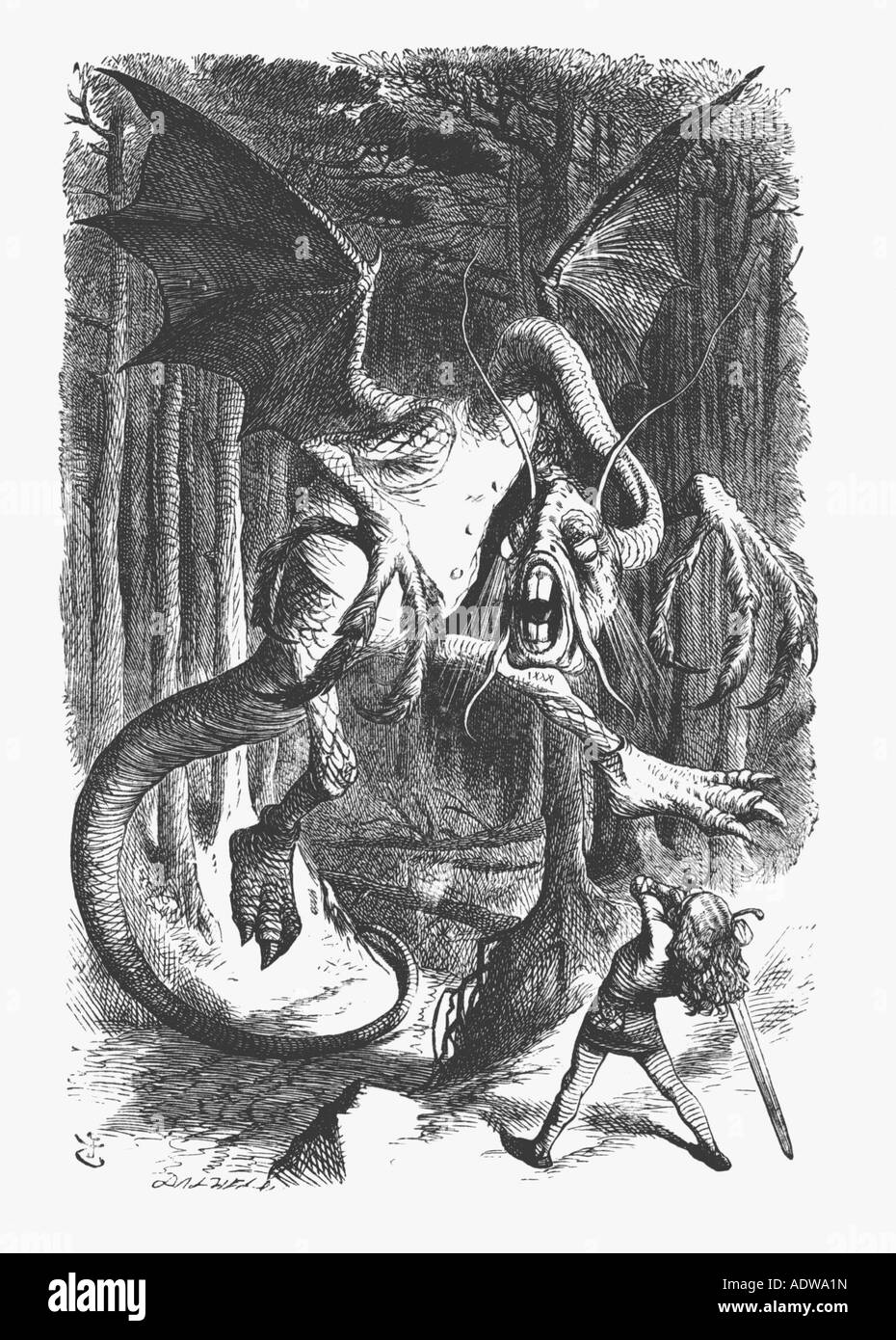Ilustración del Jabberwock desde s Lewis Carroll Alicia a Través del Espejo por John Tenniel Foto de stock