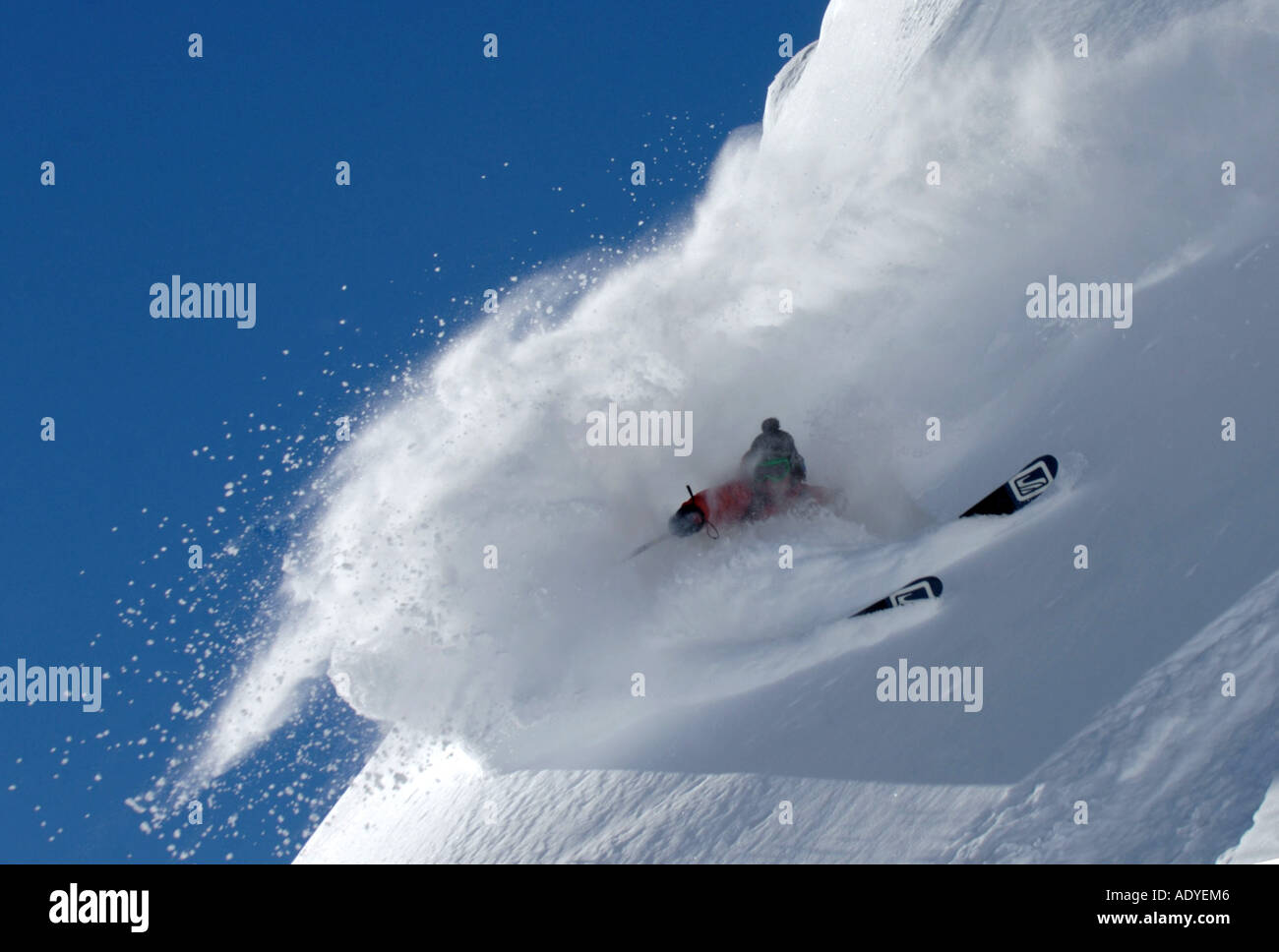 Esquiador freeride en la profunda nieve en polvo, Francia Foto de stock