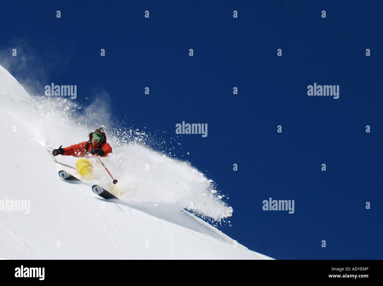 Esquiador freeride en la profunda nieve en polvo, Francia Foto de stock