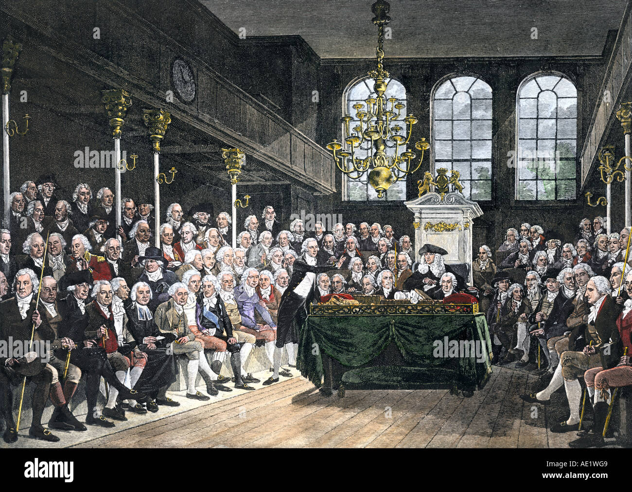 Inglés Cámara de los Comunes en 1793. Xilografía coloreada a mano Foto de stock