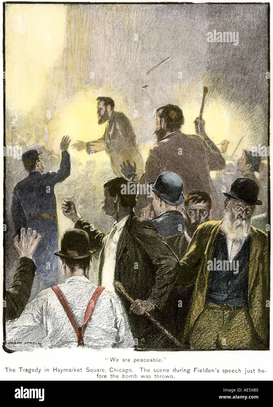 La agitación laboral en el cuadrado de Haymarket en Chicago, justo antes de una bomba fue lanzada en 1886. Xilografía coloreada a mano Foto de stock
